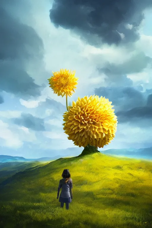 Image similar to closeup girl with giant yellow dahlia flower face, standing on mountain, surreal photography, blue storm clouds, dramatic light, impressionist painting, digital painting, artstation, simon stalenhag