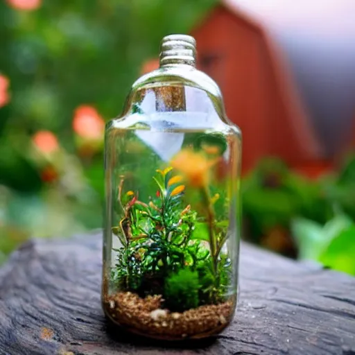 Image similar to tiny people living in a wooden cottage inside a terrarium bottle.