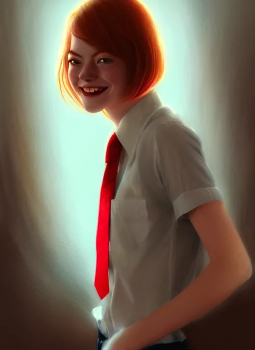 Prompt: portrait of teenage emma stone, freckles, long flowing ginger hair, white shirt and red tie, smiling kindly, friendly, 1 9 8 0 s, intricate, elegant, glowing lights, highly detailed, digital painting, artstation, concept art, smooth, sharp focus, illustration, art by wlop, mars ravelo and greg rutkowski