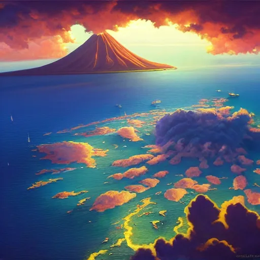 Image similar to a painting a breathtaking aerial view of Hawaiian islands, surrounded by palm trees, clouds, flowers, volcano, azure ocean, sunlight glistening, glow, , a detailed matte painting by sylvain sarrailh, Stephan Martinière, by RHADS, Makoto Shinkai, bokeh, Artstation contest winner, fantasy art, concept art, #vfxfriday