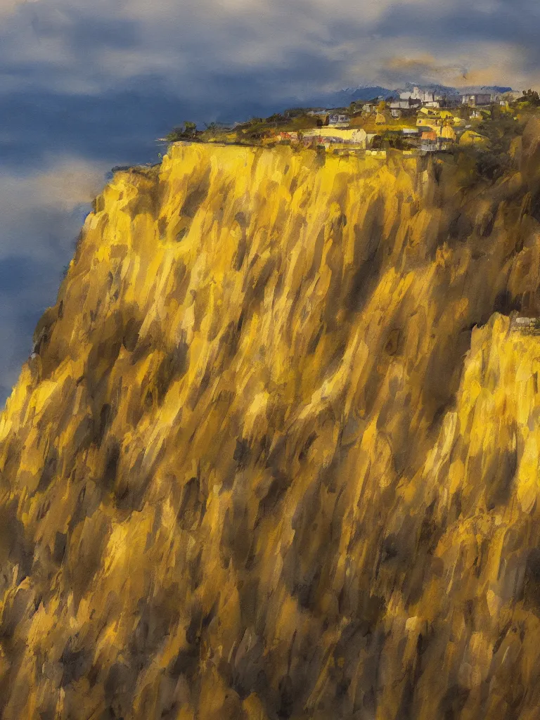 Image similar to painting of cliff, the small city is on the top, yellow sky, view from mount, trending on artstation