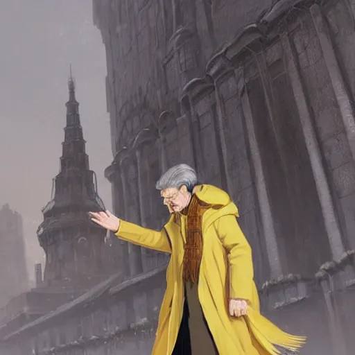 Image similar to luxury advertisement, a highly detailed epic cinematic concept art CG render digital painting artwork of an elderly professor in a grey coat with a long yellow scarf preaching for the revolution to start. By Greg Rutkowski, Ilya Kuvshinov, WLOP, Stanley Artgerm Lau, Ruan Jia and Fenghua Zhong, trending on ArtStation, made in Maya, Blender and Photoshop, octane render, excellent composition, cinematic dystopian soviet atmosphere, dynamic dramatic cinematic lighting, aesthetic, very inspirational, arthouse