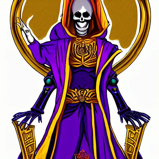 Image similar to a skeleton in a purple robe, golden magical shoulder pads, in a hood, a red magic sphere in the chest, he stands next to the golden throne, manga, anime overlord, hand drawn, proportions, 2d