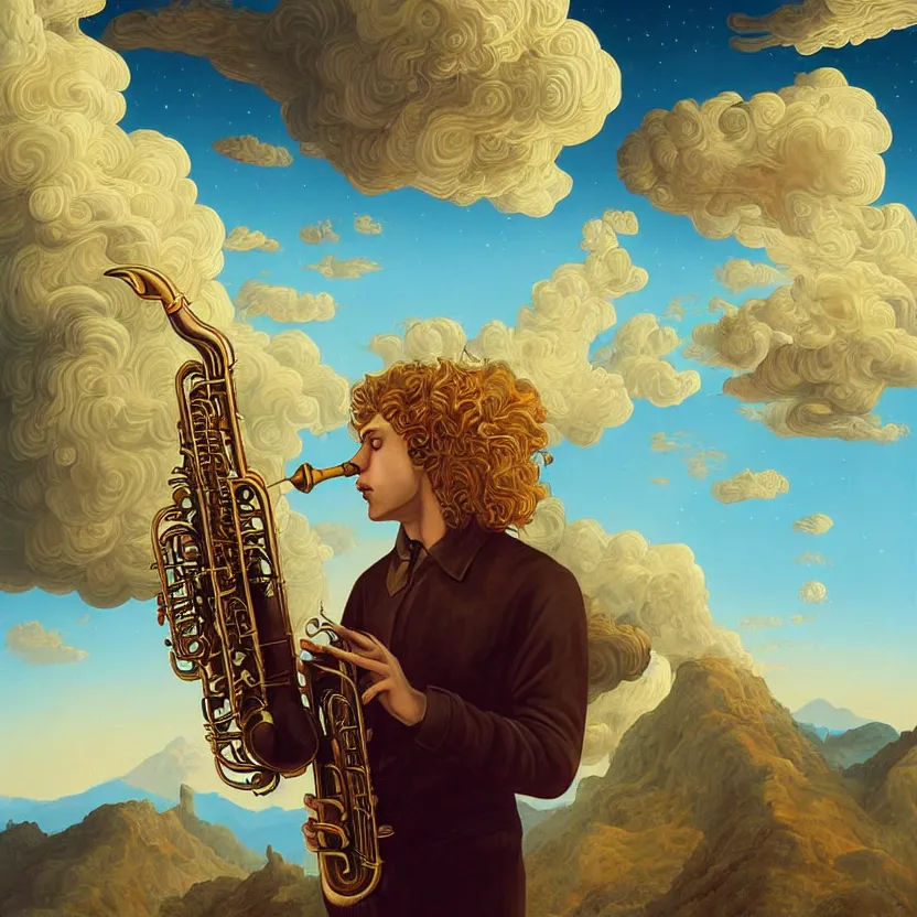 a young blond man with long curly hair playing sax, on Stable