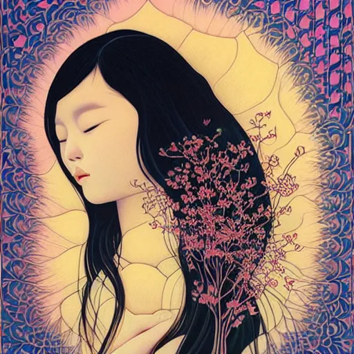 Prompt: beautiful surreal asian girl by audrey kawasaki, painting on wood, fragile beauty