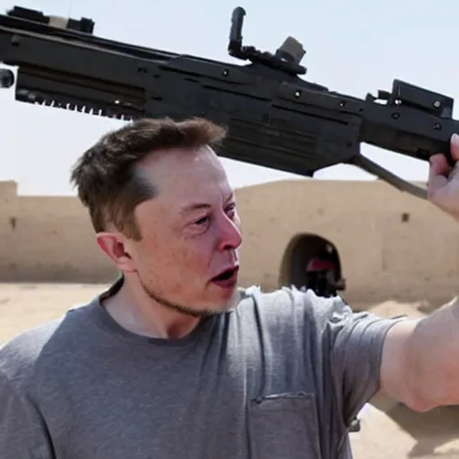 Prompt: elon musk shooting people with a machine gun in iraq