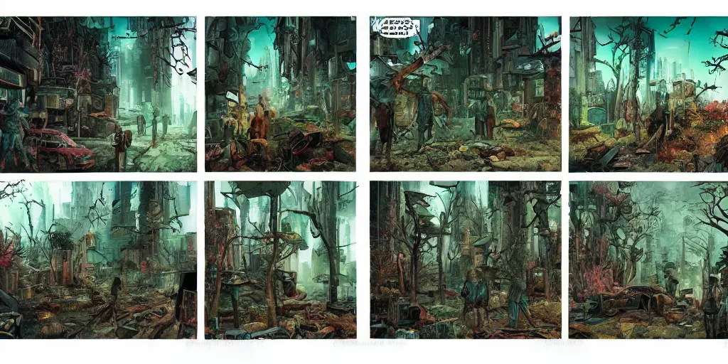 Prompt: full page comic book drawings of cyberpunk apocalyptic forest village scene, bold color palette, high contrast, by carel willink and jean giraud, comic book panels, octane render