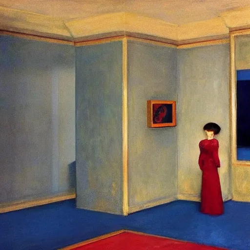 Image similar to an ivory golden demon in a blue and red haunted liminal abandoned room, film still by edward hopper, by gottfried helnwein, by klimt, art noveau, highly detailed, strong lights, liminal, eerie, bright pastel colors,