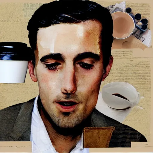 Prompt: collage, sleepy worker man face, fashion model, a cup of coffee, matte, oil painting