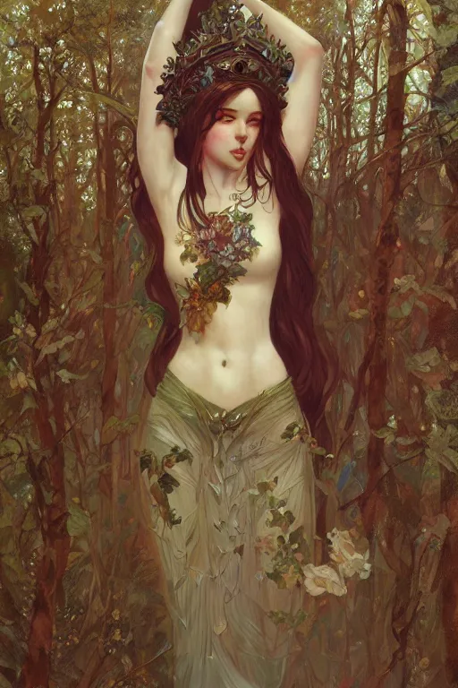 Image similar to a full body portrait of a beautiful forest queen akimbo, intricate, elegant, highly detailed, digital painting, artstation, concept art, smooth, sharp focus, illustration, art by krenz cushart and artem demura and alphonse mucha