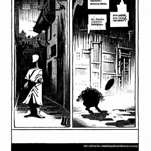 Prompt: A thief watching a middle eastern merchant from a dark alley. One Thousand and One Nights, Dark Fantasy, Film Noir, Black and White. High Contrast, Mike Mignola, D&D, OSR