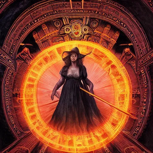 Image similar to a highly detailed occult painting of a witch pointing up, cenobyte, hexglow, contracept, wildcards, denizens, matte painting, glowing eyes, felipe pantone, pascal blanche, pascal blanche, mohrbacher, blanche, and across the face portrait, an expansive view of the sun, intricate details, epic, dramatic, cinematic lighting, hyperrealistic, skeletal, elaborate, furniture, dreamy, machine, robot, cardboard, dark, inception, cinematic lighting, surrealism style, magical, Occult, alchemy, Rene Magritte, Raphael Hopper, muted colors, soft tones, pastel colors, ornate, in the dnd art style on album cover, unreal