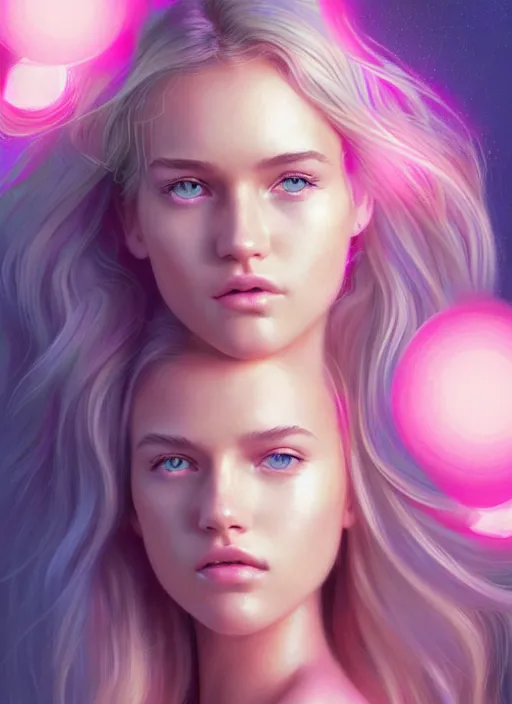 Image similar to full body portrait of teenage bar refaeli, bangs, blue eyes, sultry expression, blond hair, sultry smirk, bangs and wavy hair, pink skirt, intricate, elegant, glowing lights, highly detailed, digital painting, artstation, concept art, smooth, sharp focus, illustration, art by wlop, mars ravelo and greg rutkowski