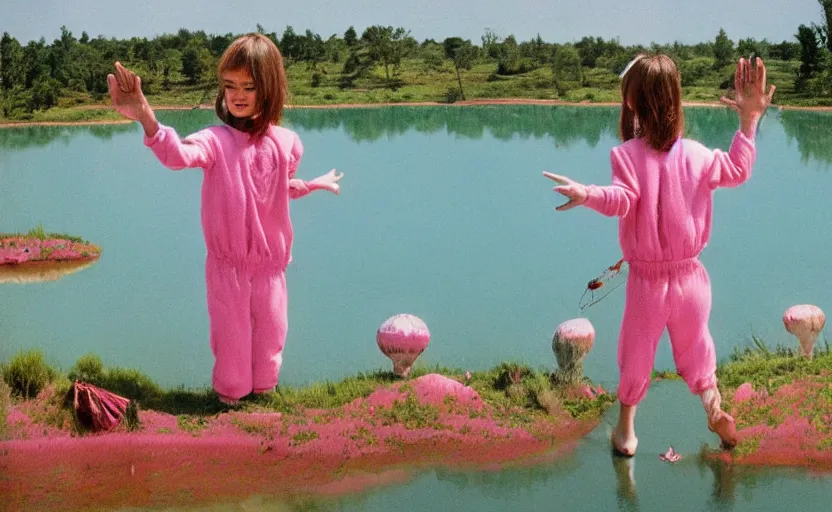 Prompt: kids wearing a codex seraphinianus costume in a pink lake h 1 2 0 0