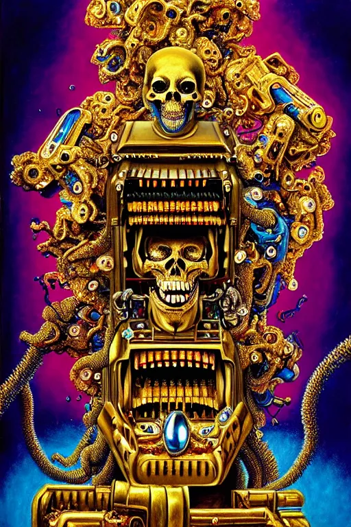 Image similar to a hyperrealistic painting of a ornate jewel embellished gold death machine spewing chunks out of a wood chipper, cinematic horror by chris cunningham, lisa frank, richard corben, highly detailed, vivid color,