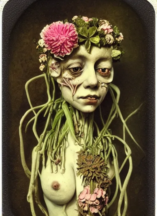 Image similar to beautiful and detailed rotten woman made of plants and many types of stylized flowers like carnation, chrysanthemum, roses and tulips, ornamentation, rococo, intricate, surreal, john constable, guy denning, gustave courbet, caravaggio, romero ressendi 1 9 1 0 polaroid photo