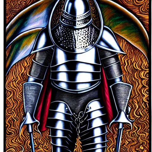 Image similar to medieval fantasy armored knight, by alex grey, TOOL band, detailed, 8K