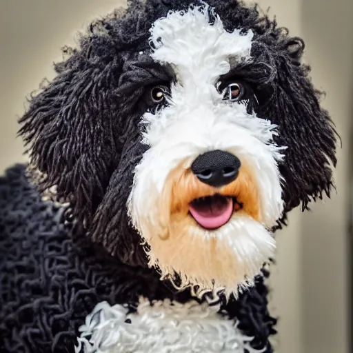 Image similar to a closeup photorealistic photograph of a cute smiling knitted bernedoodle judge dog dressed in a black gown, presiding over the courthouse. indoor image, professional capture, well lit shot. this 4 k hd image is trending on artstation, featured on behance, well - rendered, extra crisp, features intricate detail, epic composition and the style of unreal engine.