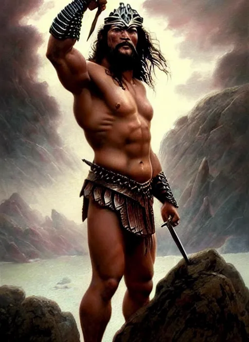 Image similar to beautiful portrait oil painting, jason momoa conan the barbarian thor standing on a rocky hill, wearing a warrior king crown and royal crimson fantasy ornate spartan dragon scale armor, wet skin and hair, muscular!!!, battle action pose, frank frazetta, boris vallejo, greg rutkowski, beautiful cinematic light, low angle, greg rutkowski, high contrast