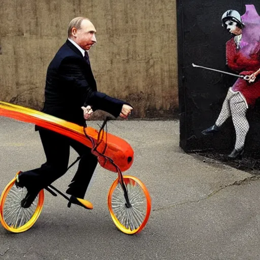 Prompt: Vladimir putin in drag riding a unicycle through a battlefield, banksy