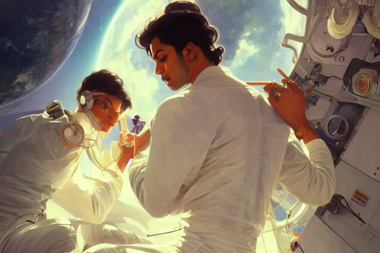 Image similar to Sensuous good looking pale young Indian doctors wearing jeans in a space station above Earth, portrait, elegant, intricate, digital painting, artstation, concept art, smooth, sharp focus, illustration, art by artgerm and greg rutkowski and alphonse mucha