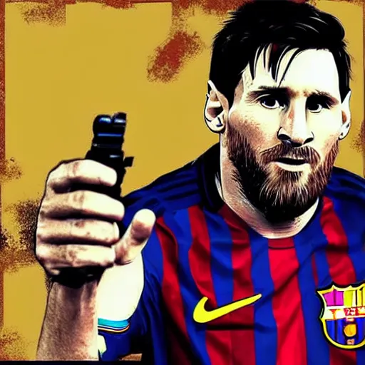 Image similar to Lionel Messi in a GTA V loading screen, cover art, posing solo, symmetrical face, in the style of Stephen Bliss, trending on artstation