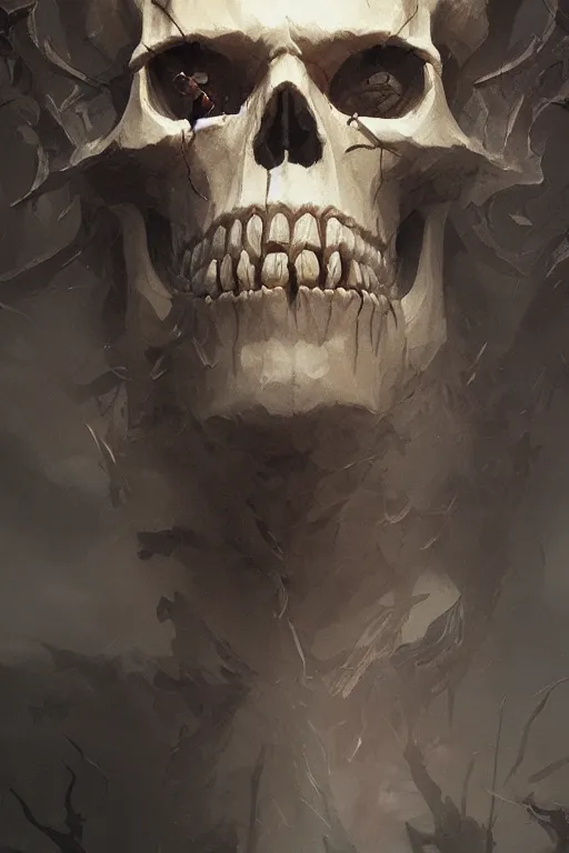 Image similar to concept art skull lord, brushstroke, close - up portrait, powerfull, intricate, elegant, volumetric lighting, scenery, digital painting, highly detailed, artstation, sharp focus, illustration, concept art, ruan jia, steve mccurry