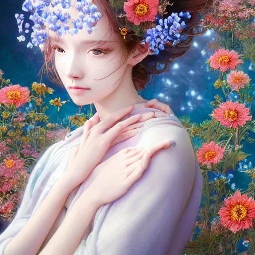 Image similar to breathtaking detailed concept art painting of the goddess of nemophila flowers, orthodox saint, with anxious, piercing eyes, ornate background, amalgamation of leaves and flowers, by Hsiao-Ron Cheng, James jean, Miho Hirano, Hayao Miyazaki, extremely moody lighting, 8K