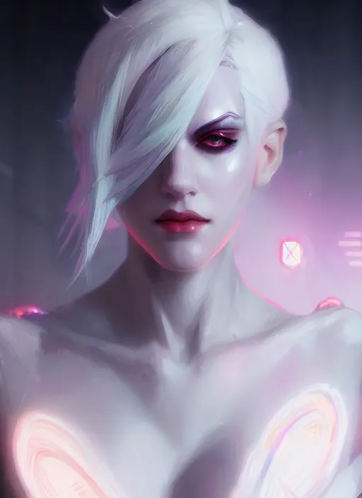 Prompt: a beautiful white haired jinx, league of legends arcane, intricate, elegant, highly detailed, digital painting, artstation, concept art, smooth, sharp focus, cyberpunk darksynth, 8 k, by ruan jia and ilya kuvshinov and krenz cushart