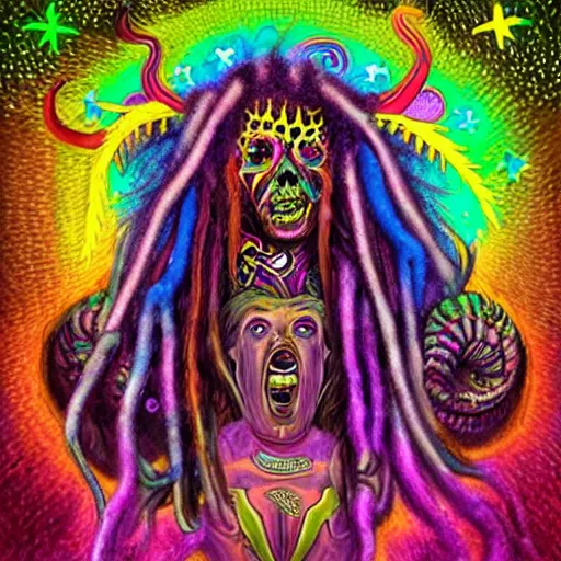 Image similar to a chaotic psychedelic monster with dreadlocks, cosmic horror