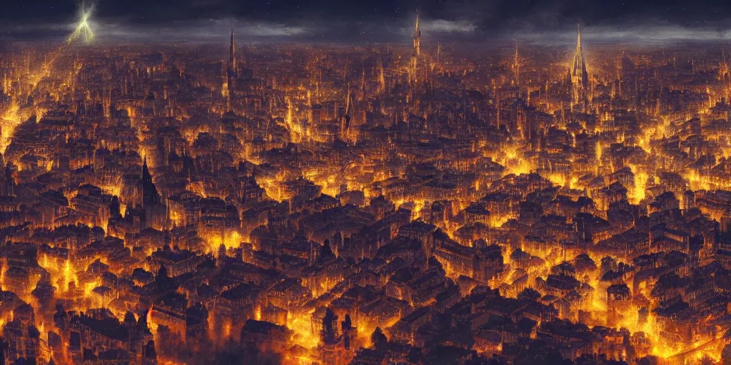 Prompt: magical city of the Great Tartarian Empire adorned with amazing lost technology, lights resembling fireflies, spires from rooftops collecting and distributing etheric energy, cityscape seen at night from above, combining intense detail & utmost quality, Christian Hecker, Artstation, - H 832