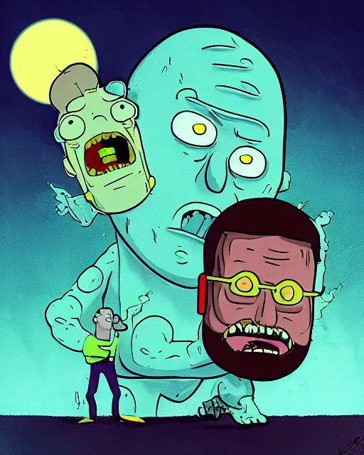 Image similar to portrait of dwayne johnson in the style of justin roiland. ugly, creepy, demonic, horror. cinematic lighting. style of rick & morty. photographic, photography. by justin roiland