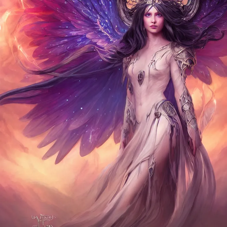 Image similar to beautiful cinematic fantasy poster, a beautiful princess queen with dark rainbow angel wings with flowing illuminated hair, beautiful glowing galaxy eyes, wideshot ultrawide angle epic scale, hybrid from The Elden Ring and art direction by Darius Zawadzki ;by artgerm; wayne reynolds art station; cinematic quality character render; low angle; ultra high quality model; production quality cinema model;