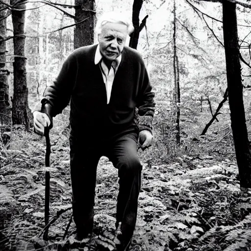 Prompt: Sir David Attenborough in the woods discovering Bigfoot Sasquatch