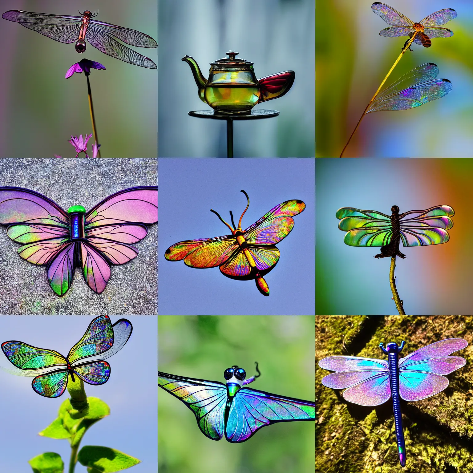 Prompt: wide-angled Nature photo of a teapot-like flying teapot-Dragonfly with iridescent gossamer wings and spout