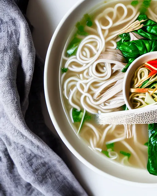 Image similar to realistic photo of delicious pho, ramen, bowl, white kitchen table, ( cloth ), marble, thai basil, highly detailed, by louise lister, sara ali, mary devinat, kailee mandel, masterpiece, award winning, food photography