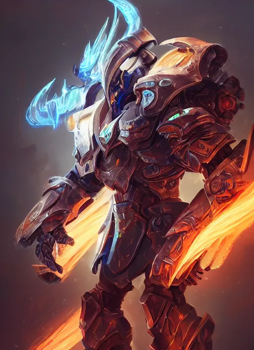 Image similar to a highly detailed illustration of cyber mechanical paladin with flaming plume, with arm blades, with light cracks throughout armor, dramatic charging pose, intricate, elegant, highly detailed, centered, digital painting, artstation, concept art, smooth, sharp focus, league of legends concept art, WLOP