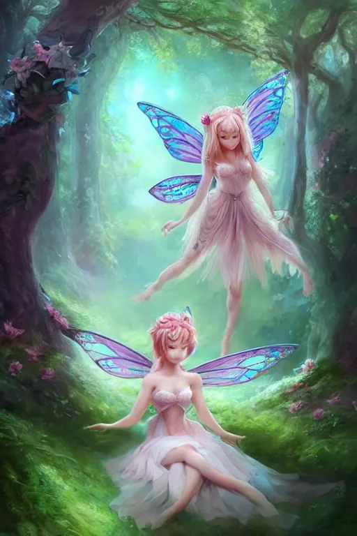 Image similar to a cute fairy in the dreamy forest, fantasy, 8 k resolution, hyper detailed, d & d, character design, digital painting, trending on artstation, sharp focus, illustration, art by artgerm, steve zheng, fuji choko, viktoria gavrilenko, hoang lap