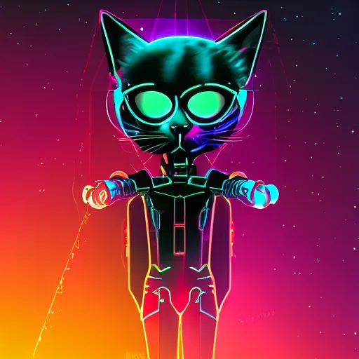 Prompt: Synthwave cat with cybernetic limbs and laser eyes. Cyberpunk, dark, 8k resolution, Cosmic.