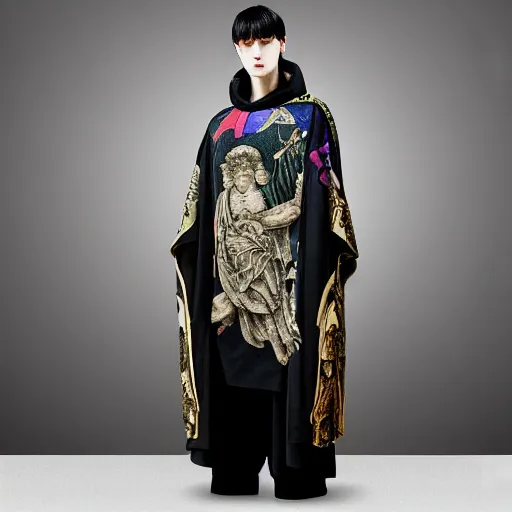 Prompt: ancient greek philosphers wearing gucci versace intricate textile chiton himation cloak tunic detailed design japanese kanji streetwear cyberpunk modern fashion