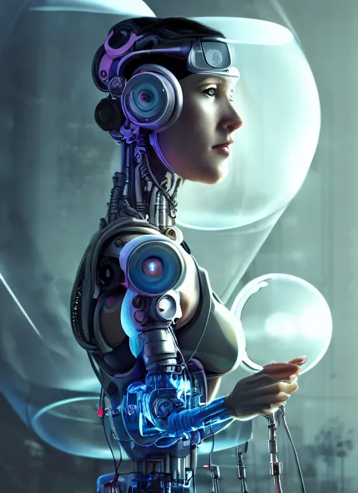 Prompt: Ultra realistic full shot of a cyborg woman in a glass cylinder with electrical cables cables and mechanical arms that fix it., cyberpunk,sci-fi, fantasy,Kodak , soft light, volumetric lighting, ,night, fog ,smoke, intricate, elegant, highly detailed, digital painting, artstation, concept art, smooth, sharp focus, illustration,art by artgerm and greg rutkowski and alphonse mucha