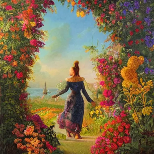 Prompt: A painting with a world of various flowers and plants, in which there is a figure of a human, dressed in something magical and impressive, inside this clothes infinity is all in sunset light