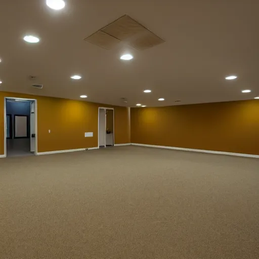 Image similar to an ominous endless space of empty connecting rooms with vanilla colored wallpaper and brown carpet, no windows