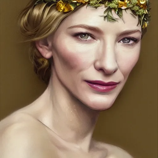 Image similar to Portrait of cate blanchett wearing a floral crown, olive skin, long dark hair, beautiful bone structure, shiny gold background, intricate, elegant, highly detailed, digital painting, artstation, concept art, smooth, sharp focus, illustration, art by artgerm and greg rutkowski and alphonse mucha