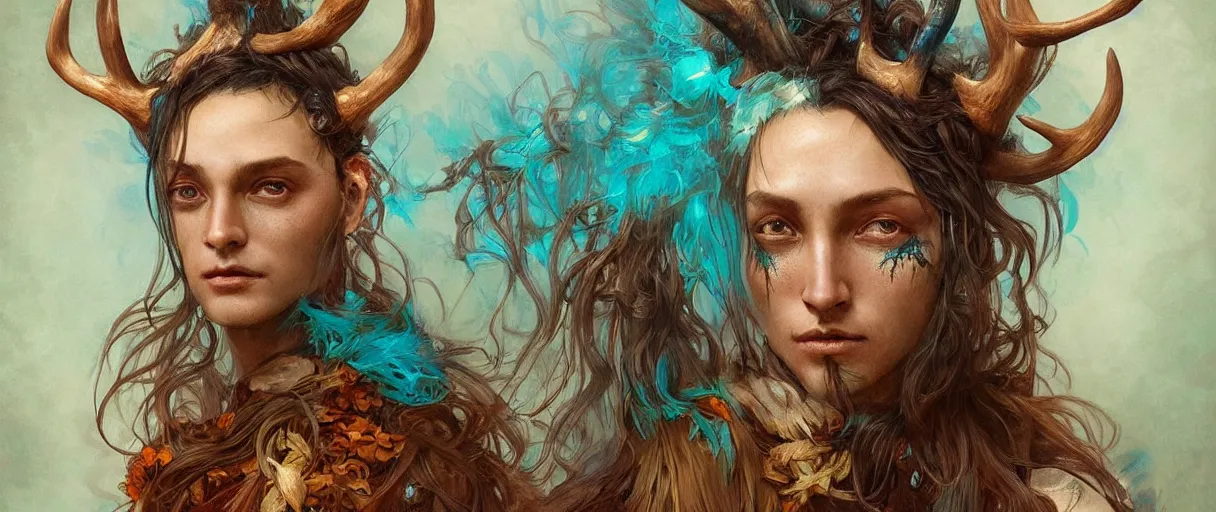 Image similar to beautiful digital painting of shaman with teal skin and antlers made of wood on his head, brown curly hair with orange oak leaves, D&D, fantasy, intricate, beautiful eyes, cinematic lighting, highly detailed, digital painting, Artstation, concept art, smooth, sharp focus, illustration, art by Artgerm and Greg Rutkowski, Alphonse Mucha and Rossdraws