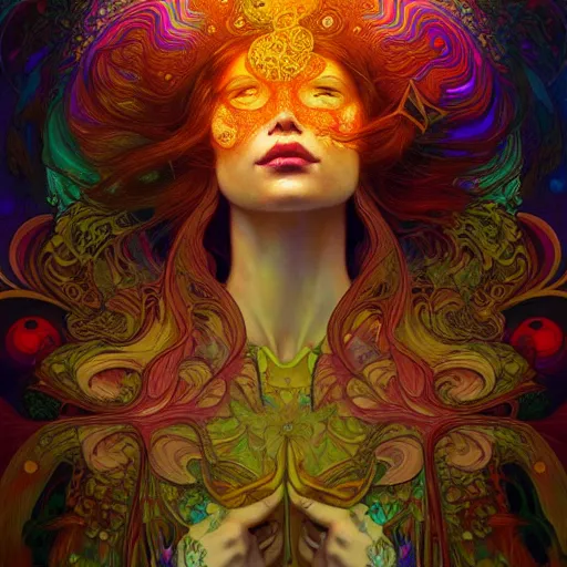 Prompt: An extremely psychedelic experience, colorful, surreal, dramatic lighting, magic mushrooms, psilocybin, LSD, face, detailed, intricate, elegant, highly detailed, digital painting, artstation, concept art, smooth, sharp focus, illustration, art by Krenz Cushart and Artem Demura and alphonse mucha