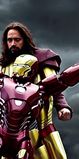 Image similar to full shot photograph of jesus christ being carried by iron man on doomsday, photorealistic, cinematic lighting, extremely detailed