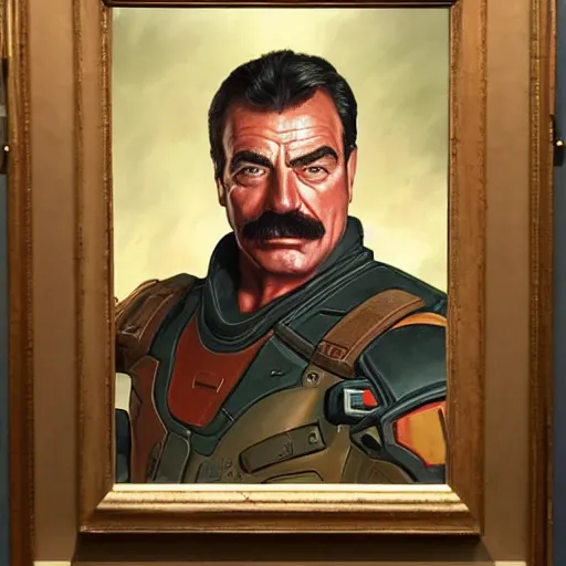 Prompt: ultra realistic portrait painting of tom selleck as doomguy, art by frank frazetta, 4 k, ultra realistic, highly detailed, epic lighting