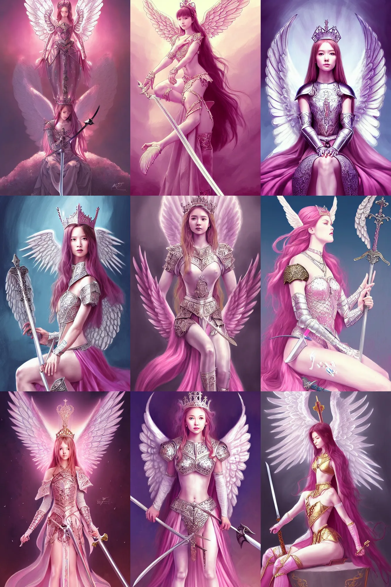 Prompt: gorgeous!! hyper - realistic princess wearing ornate pink knight armor, angel wings l sitting at the thrown, holding a long sword | divine, elegant | illustration | drawn by wlop, drawn by jeehyung lee, drawn by artgerm