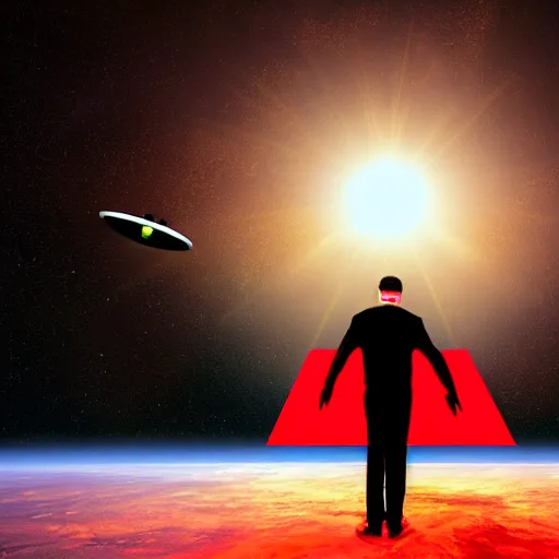 Prompt: Red-Square-Shaped UFO Spaceship Above a Man standing